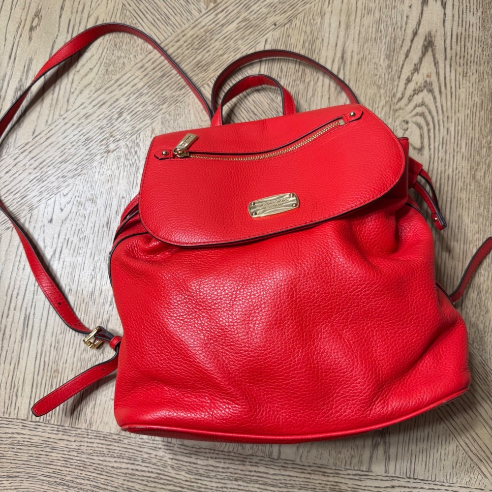 Michael Kors‎ Red Pebbled Leather Convertible Backpack Purse Gold Hardware - Picture 2 of 16